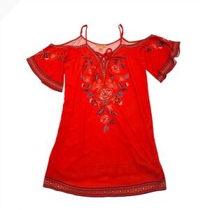 Flying Tomato Red Floral Print Cold Shoulder Mini Dress Boho Lace Up Large